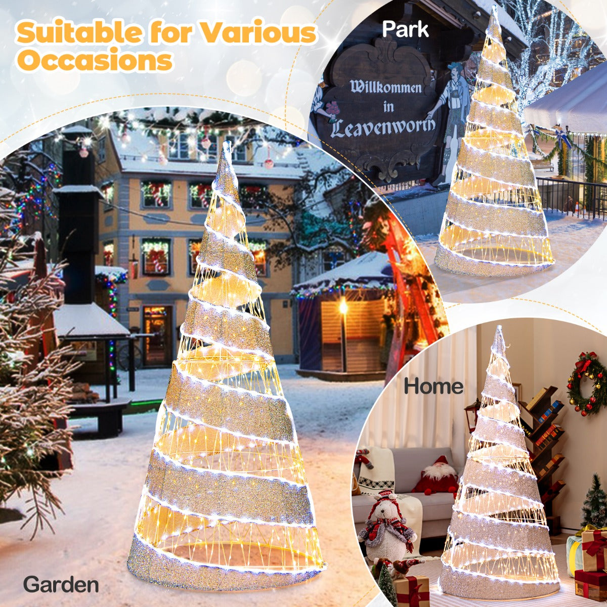 155cm Pre-lit Christmas Cone Tree with Warm & Cold White LED Lights