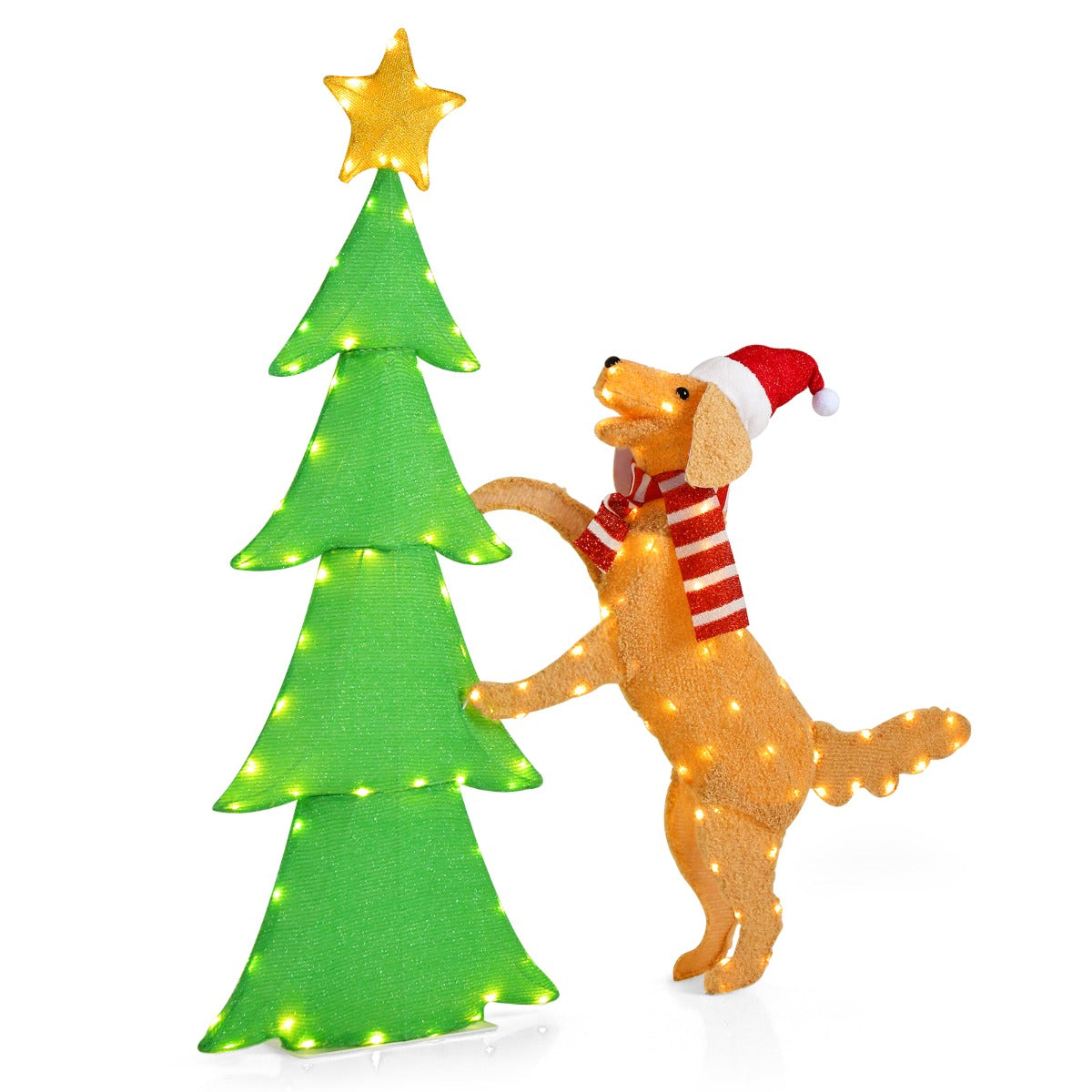 Playful golden doodle dog appears to reach for the star, creating a charming festive holiday centerpiece