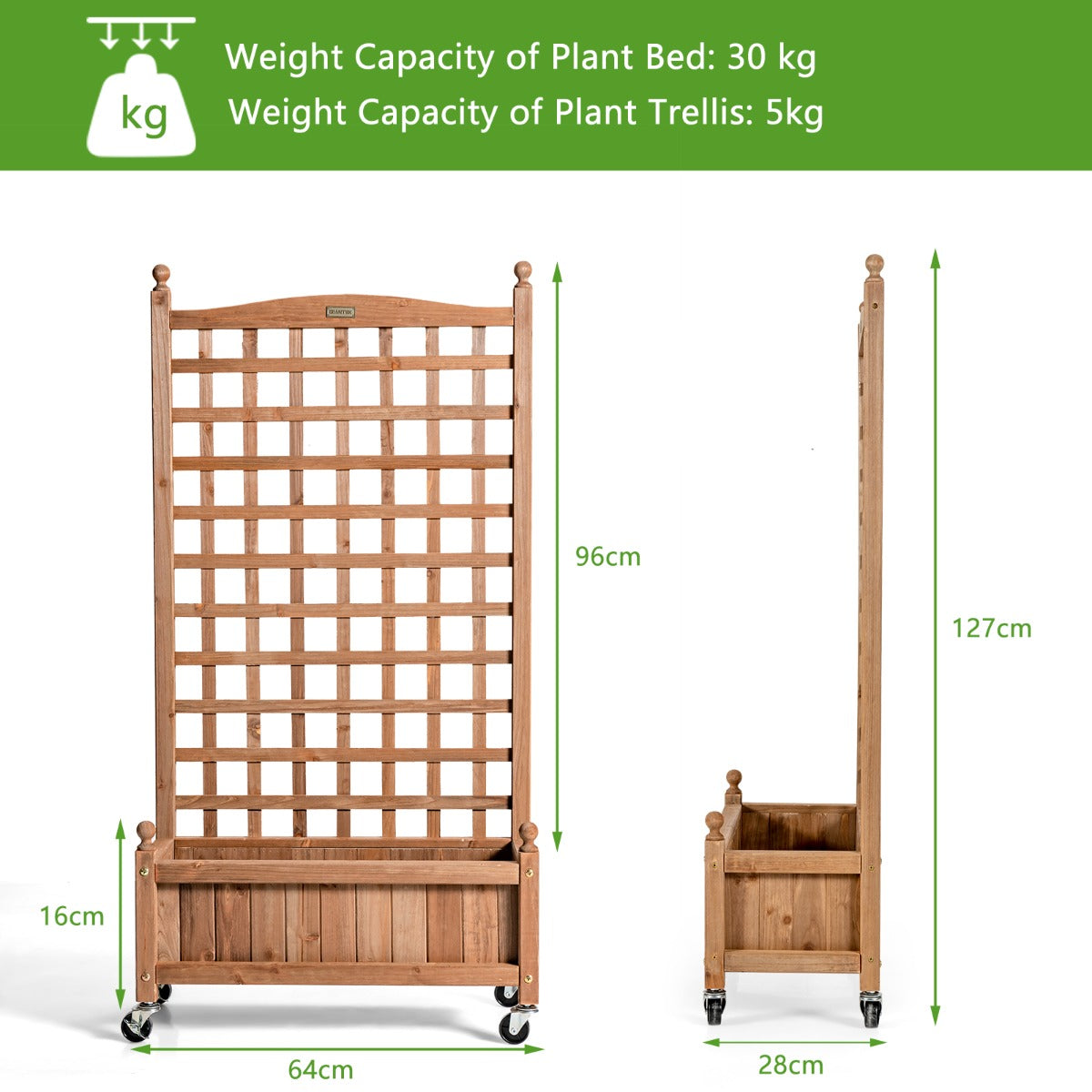 127 cm Solid Wood Planter Bed with High Trellis