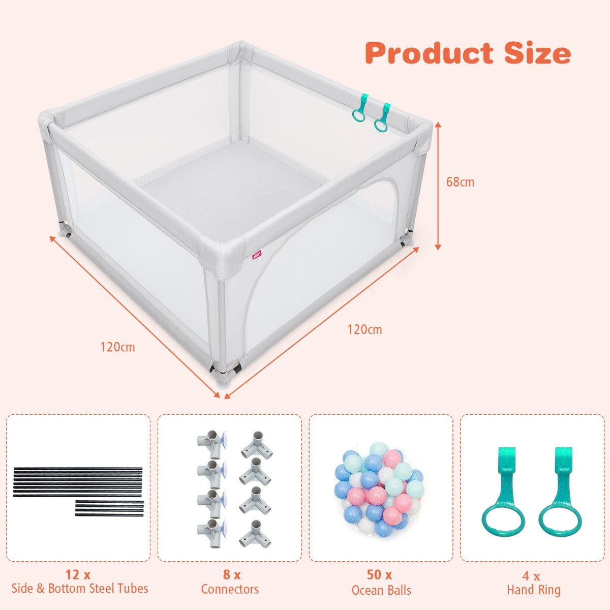 Baby Playpen Safety Activity Fence with 50 Ocean Balls for Toddlers-Grey