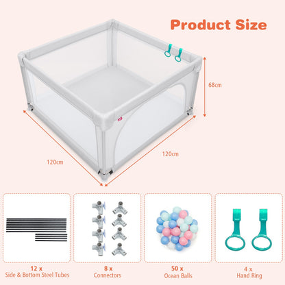 Baby Playpen Safety Activity Fence with 50 Ocean Balls for Toddlers-Grey