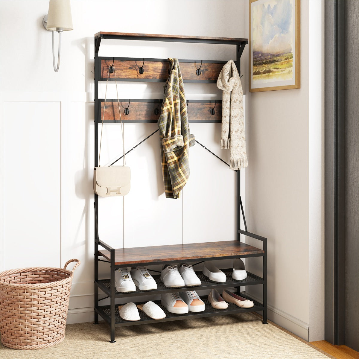 4-In-1 Coat Rack with 11 Hanging Hooks and Shoe Bench-Rustic Brown