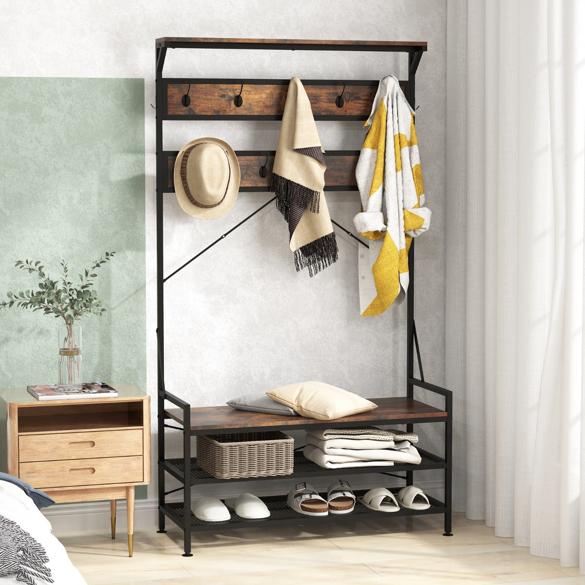 4-In-1 Coat Rack with 11 Hanging Hooks and Shoe Bench-Rustic Brown