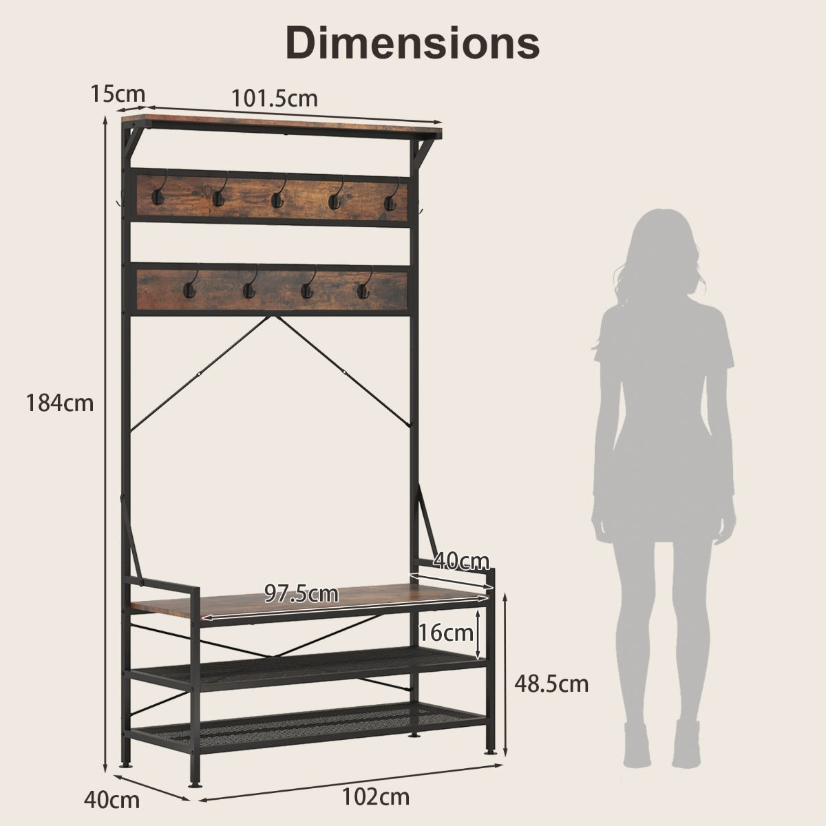 4-In-1 Coat Rack with 11 Hanging Hooks and Shoe Bench-Rustic Brown