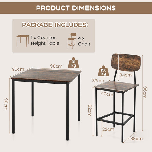 Five-piece counter-height dining set with square table and four ergonomic bar stools for family meals