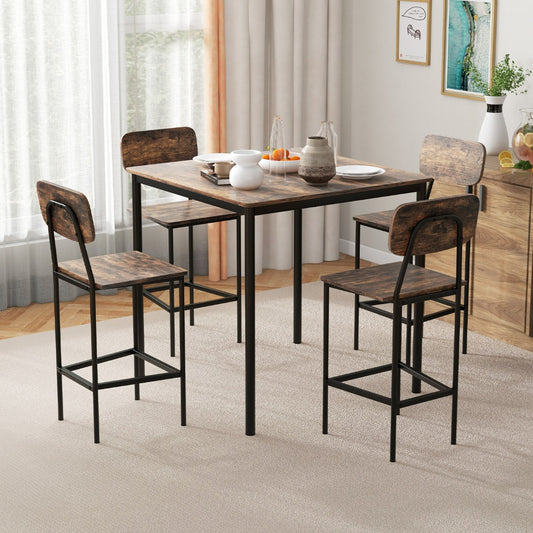 Costway 5 Pieces Industrial Dining Set Bar Counter Height Table and 4 Stools-Coffee