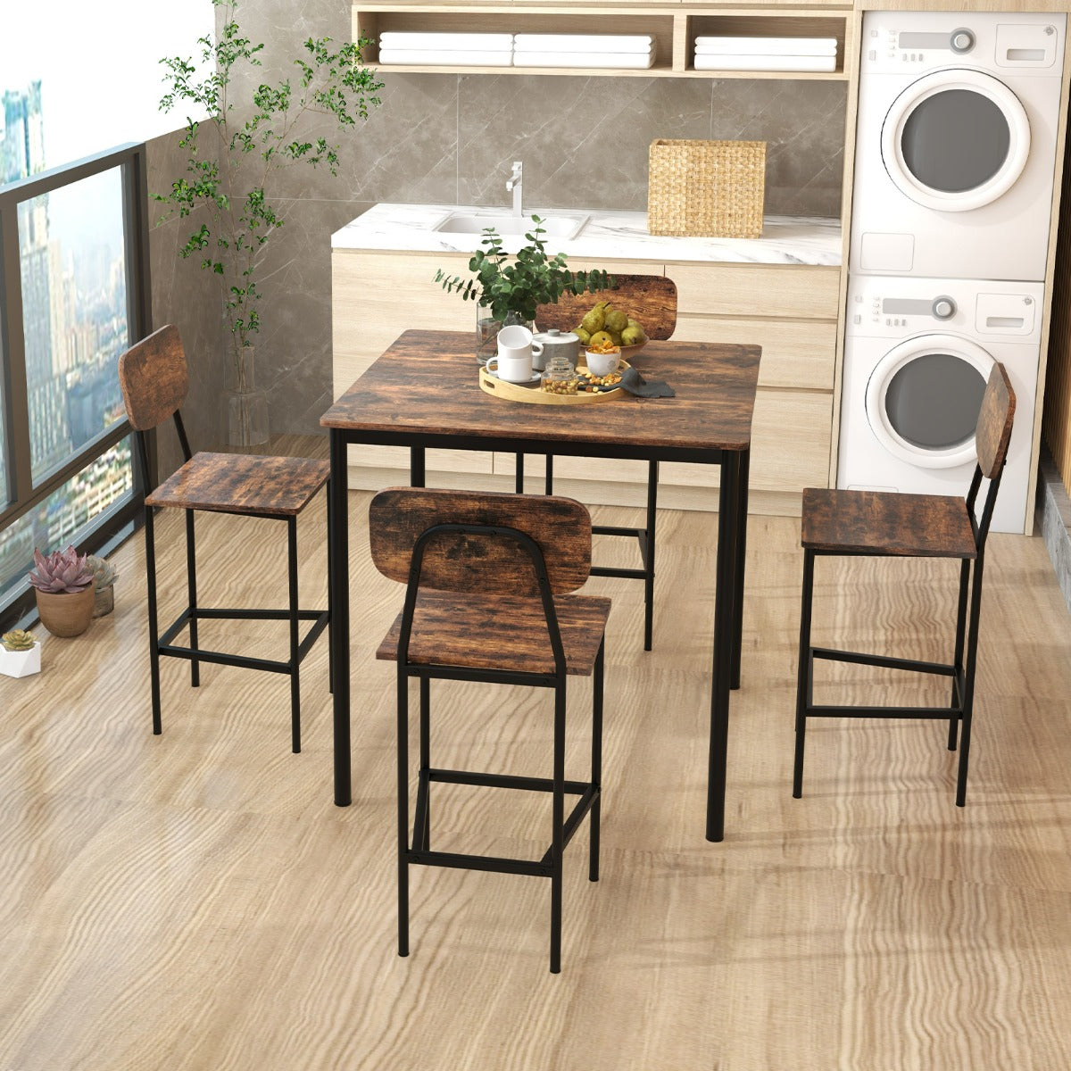 Costway 5 Pieces Industrial Dining Set Bar Counter Height Table and 4 Stools-Coffee