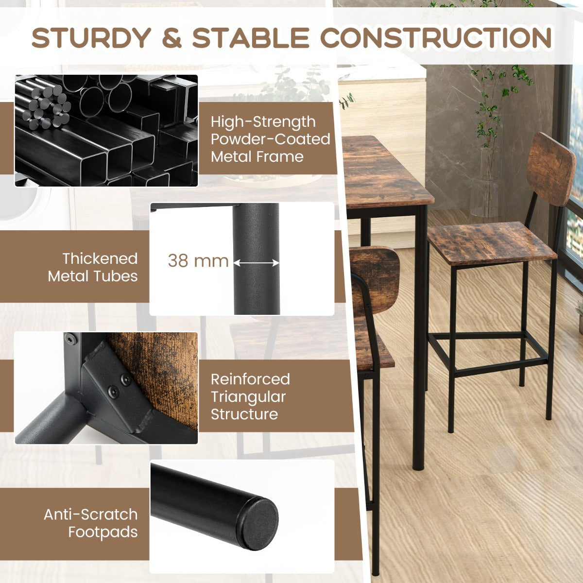 Costway 5 Pieces Industrial Dining Set Bar Counter Height Table and 4 Stools-Coffee