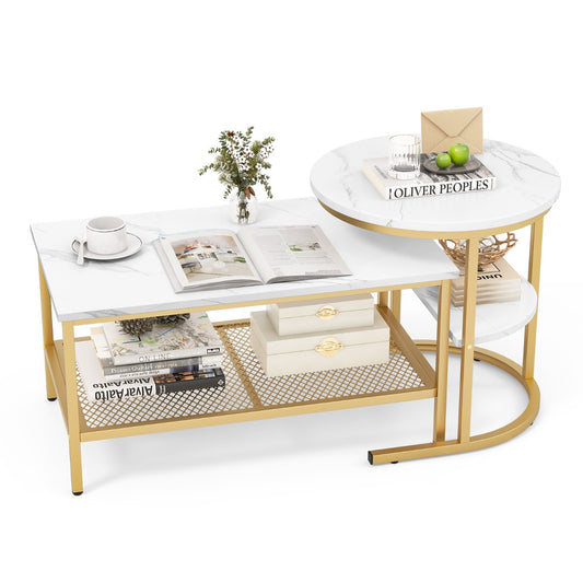 Costway Nesting Coffee Table Set of 2 with Storage Shelf for Living Room, Bedroom-Golden