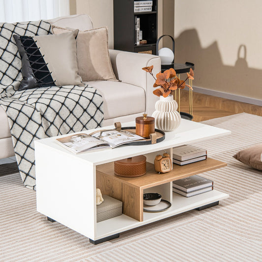 Costway Coffee Table with Storage and L-shaped Middle Shelf-White