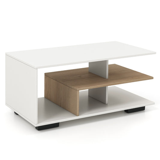 Costway Coffee Table with Storage and L-shaped Middle Shelf-White