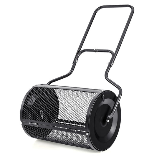 Heavy-duty lawn spreader breaks up large compost pieces and distributes nutrients evenly across grass