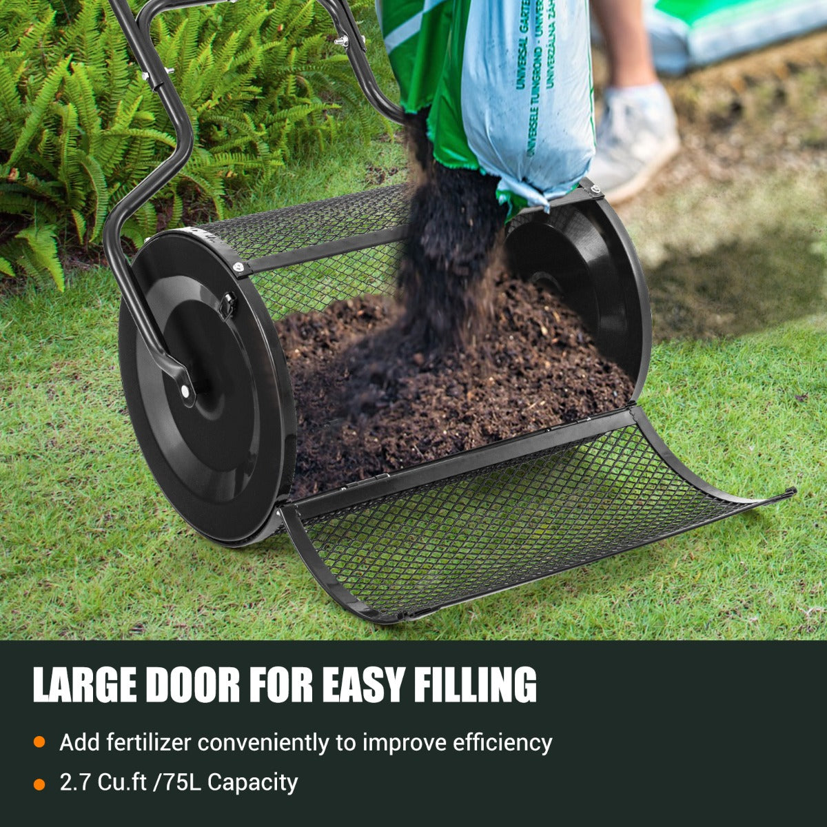 Costway 68CM Peat Moss Spreader with Upgrade Side Latches and U-shape Handle-Black