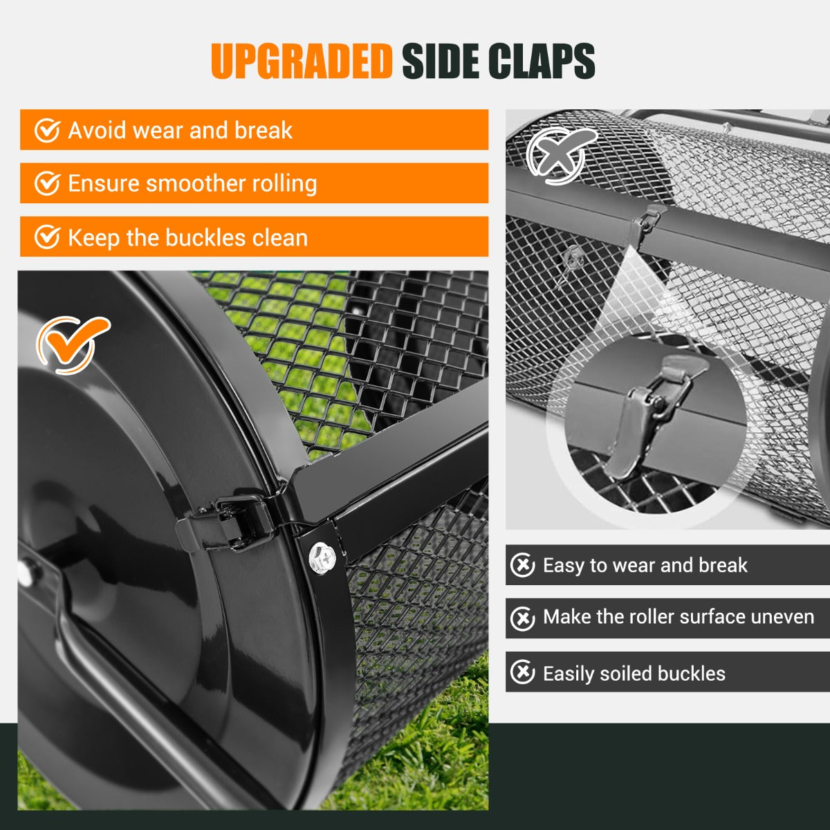 Upgraded side clasps provide smoother rolling and reduce wear compared with traditional door clasps