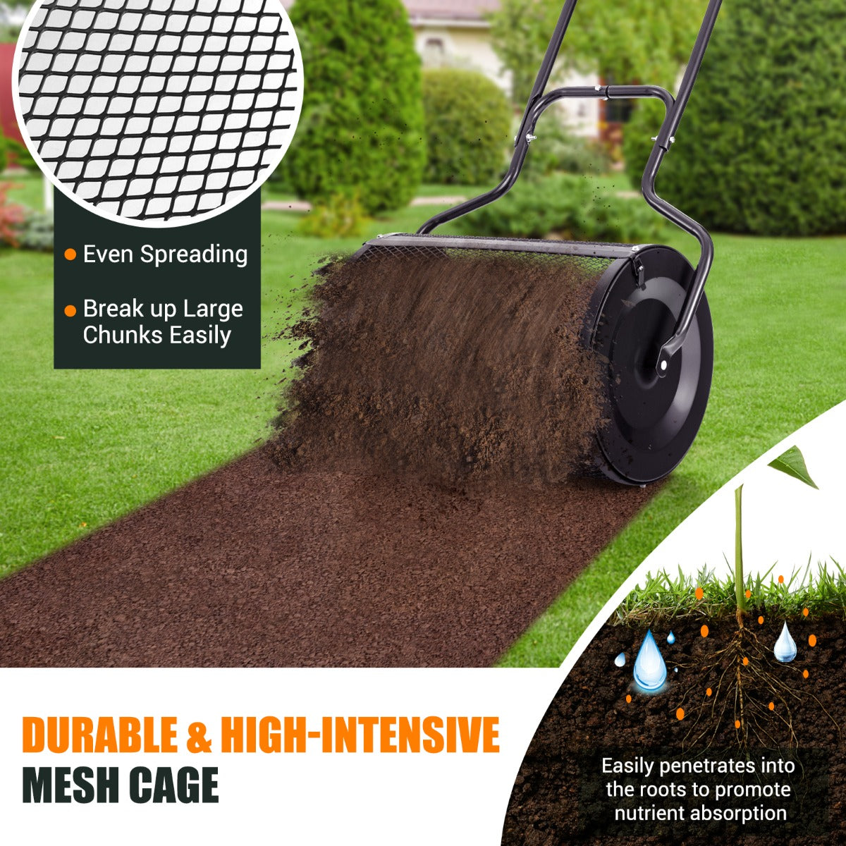 Ergonomic U-shaped handle lets users push or pull the garden spreader without stooping