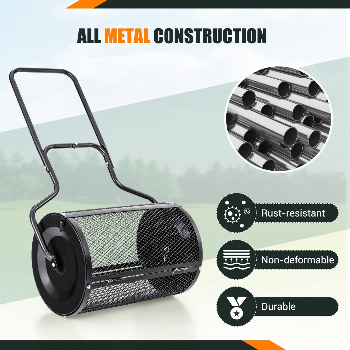 123 cm tall lawn spreader helps reduce back strain while covering large areas efficiently