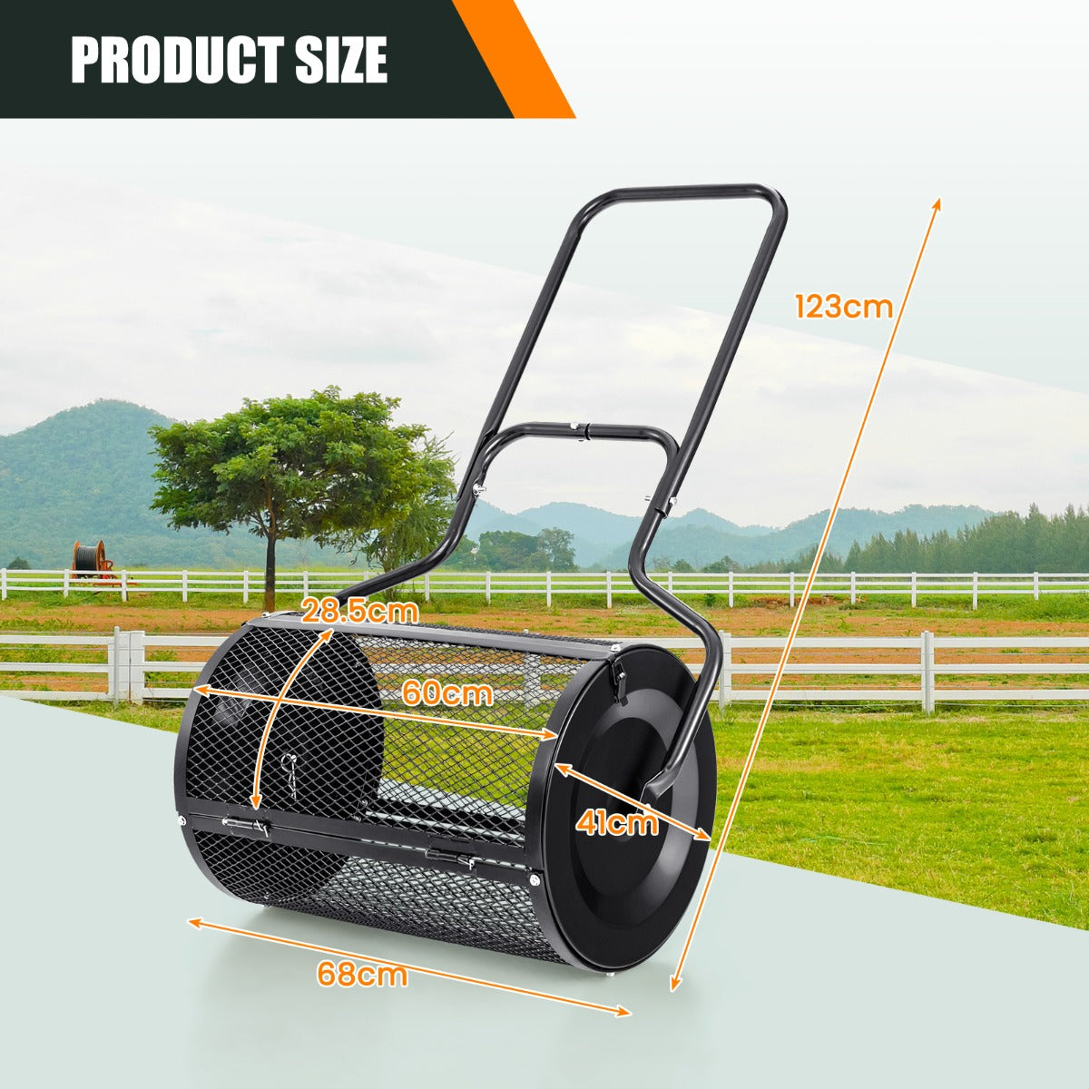 75L compost spreader with intensive metal mesh for even distribution of peat moss and topsoil