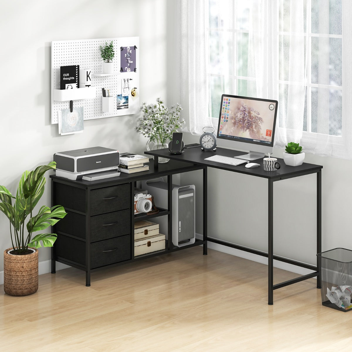 Costway L-shaped Computer Desk with Power Outlet for Working