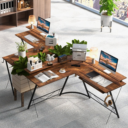 Costway L-shaped Computer Desk with Power Outlet  for Home Office-Coffee