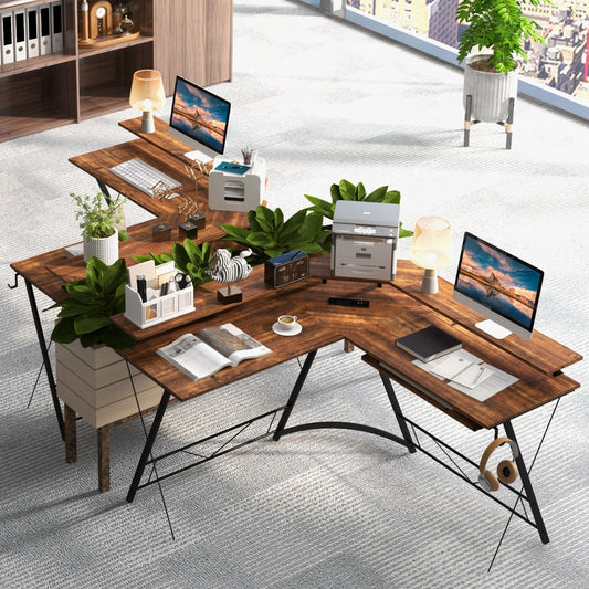 Costway L-shaped Computer Desk with Power Outlet  for Home Office-Coffee