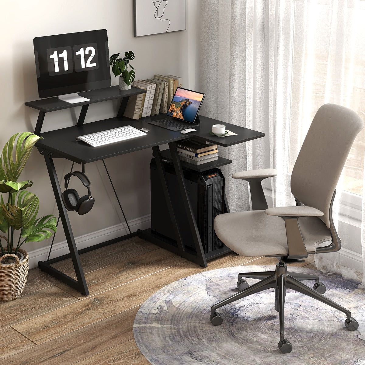 Computer Desk with Built-in Charge Station for Office Room Study-Black