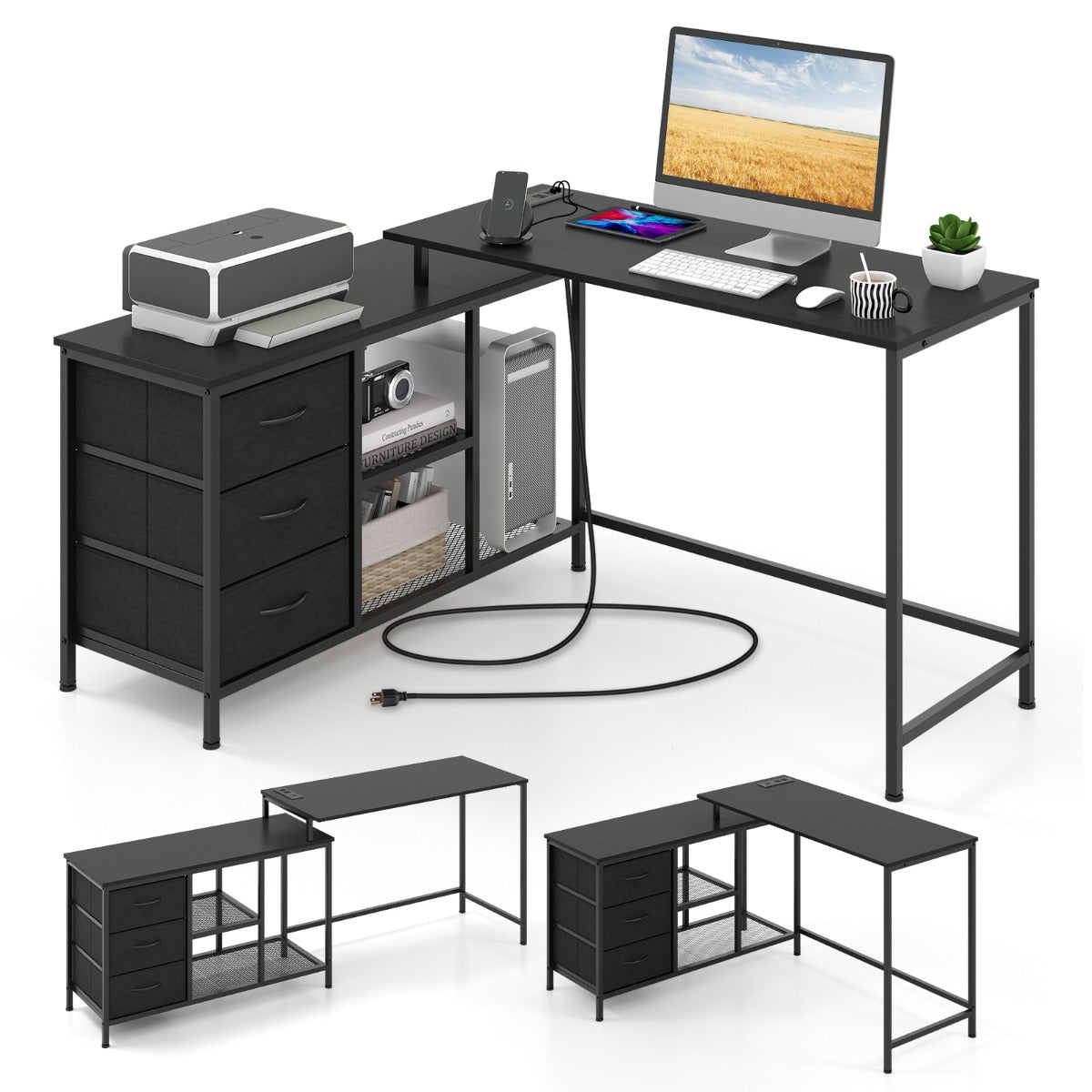 Costway L-shaped Computer Desk with Power Outlet for Working