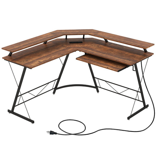 Costway L-shaped Computer Desk with Power Outlet  for Home Office-Coffee