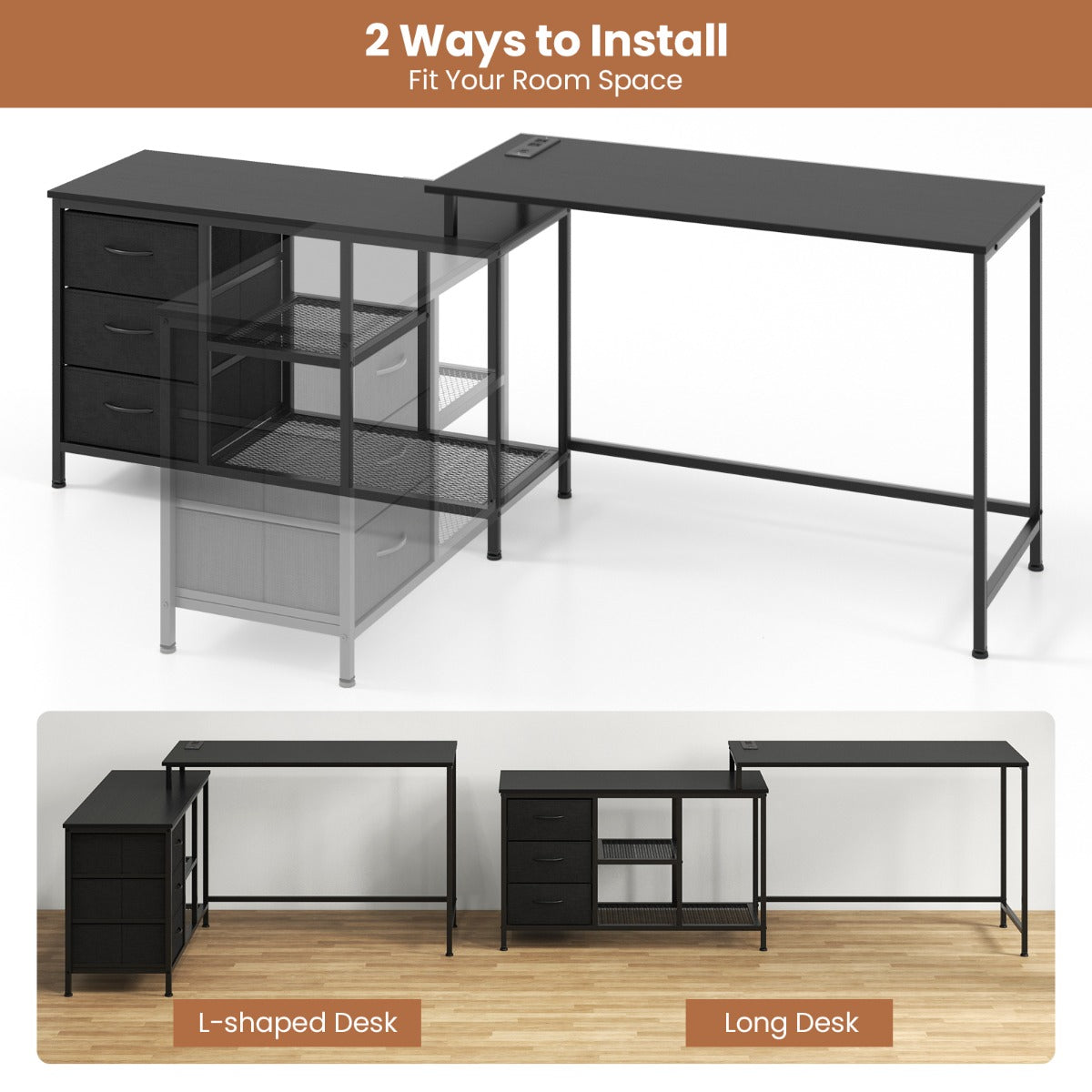 Costway L-shaped Computer Desk with Power Outlet for Working