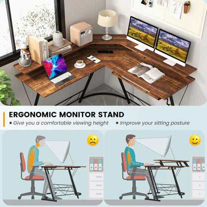 Costway L-shaped Computer Desk with Power Outlet  for Home Office-Coffee