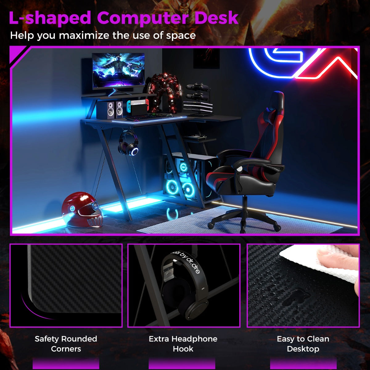 Computer Desk with Built-in Charge Station for Office Room Study-Black