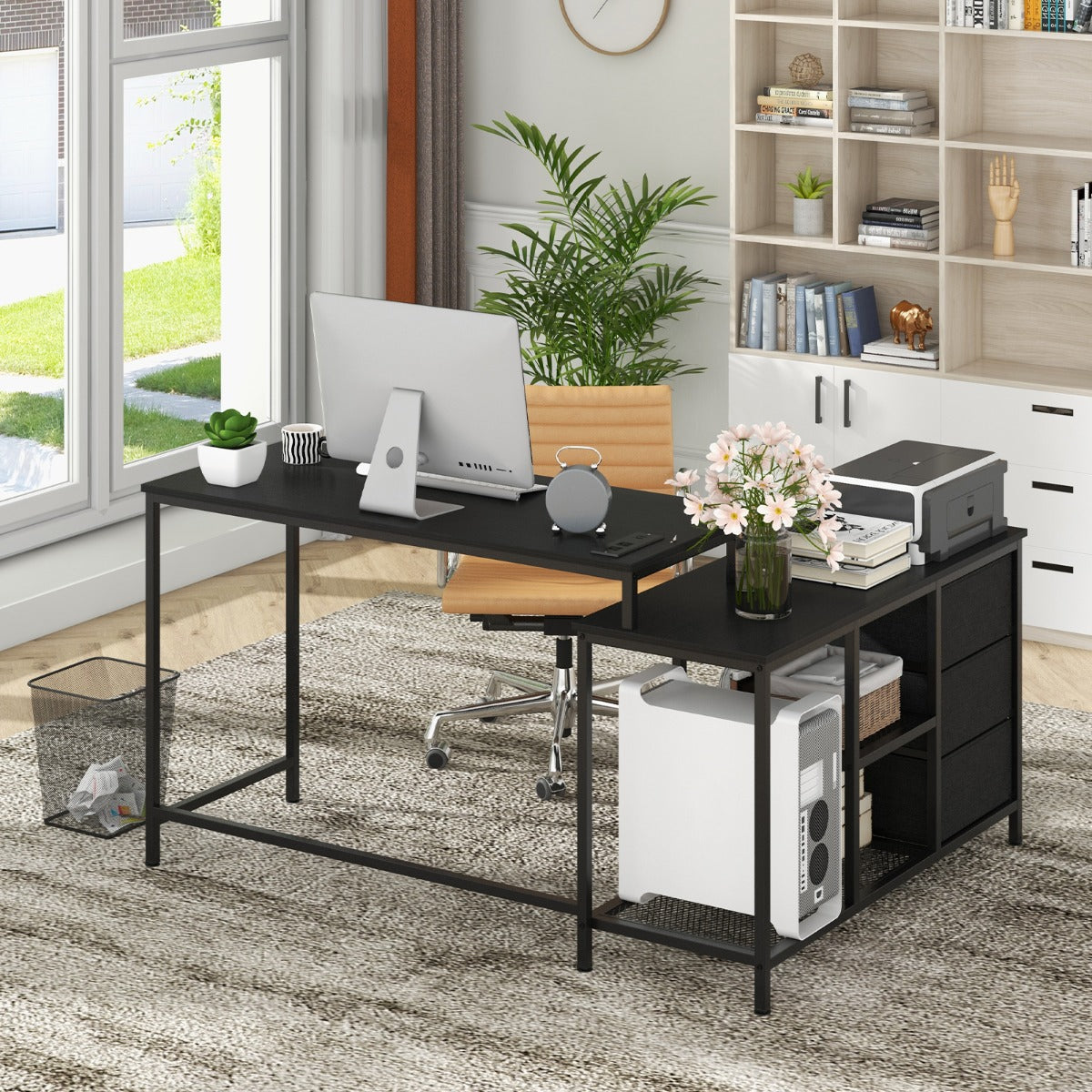 Costway L-shaped Computer Desk with Power Outlet for Working