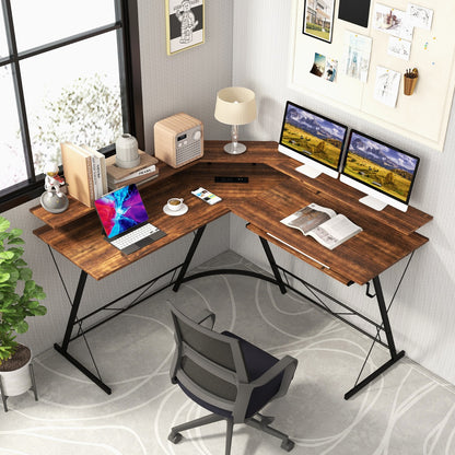 Costway L-shaped Computer Desk with Power Outlet  for Home Office-Coffee