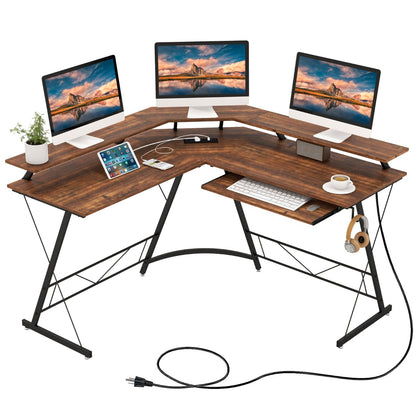 Costway L-shaped Computer Desk with Power Outlet  for Home Office-Coffee