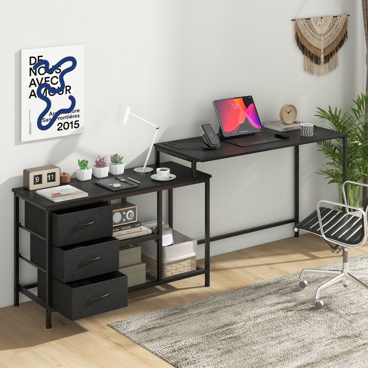Costway L-shaped Computer Desk with Power Outlet for Working