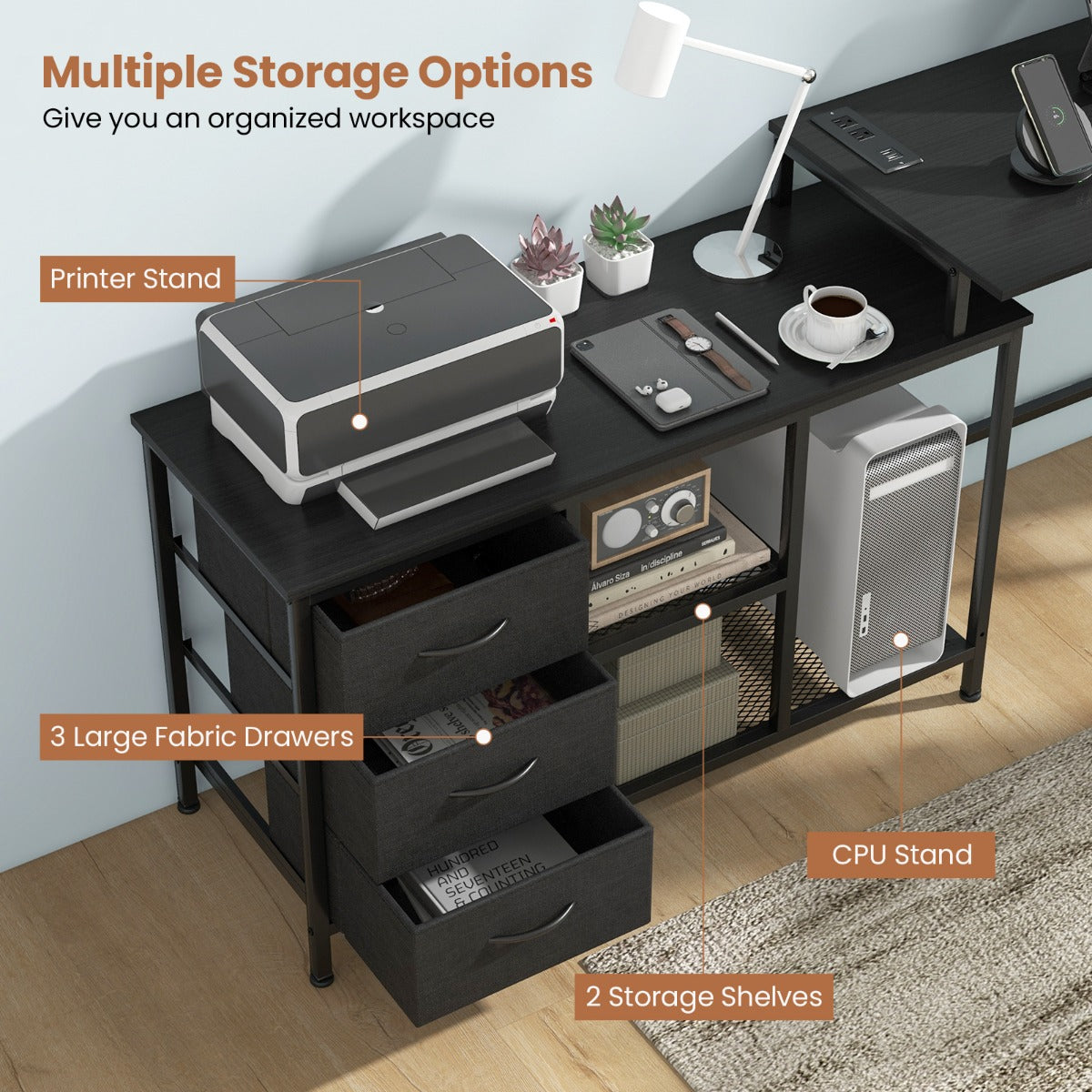 Costway L-shaped Computer Desk with Power Outlet for Working