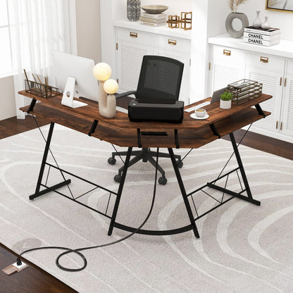Costway L-shaped Computer Desk with Power Outlet  for Home Office-Coffee