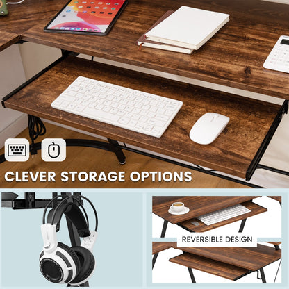 Costway L-shaped Computer Desk with Power Outlet  for Home Office-Coffee
