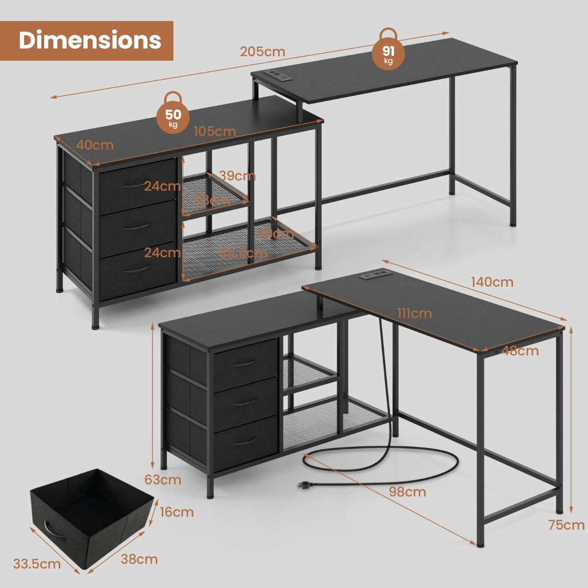 Costway L-shaped Computer Desk with Power Outlet for Working