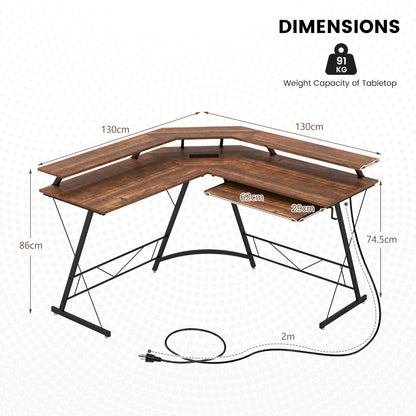 Costway L-shaped Computer Desk with Power Outlet  for Home Office-Coffee