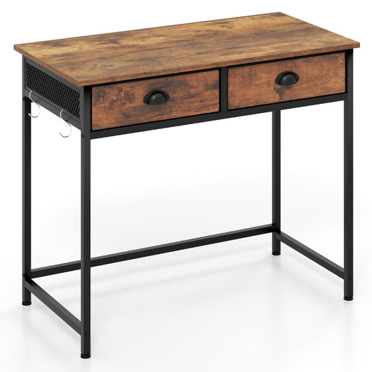 Costway Computer Desk Space Saving Home Office Desk with 2 Fabric Drawers-Rustic Brown