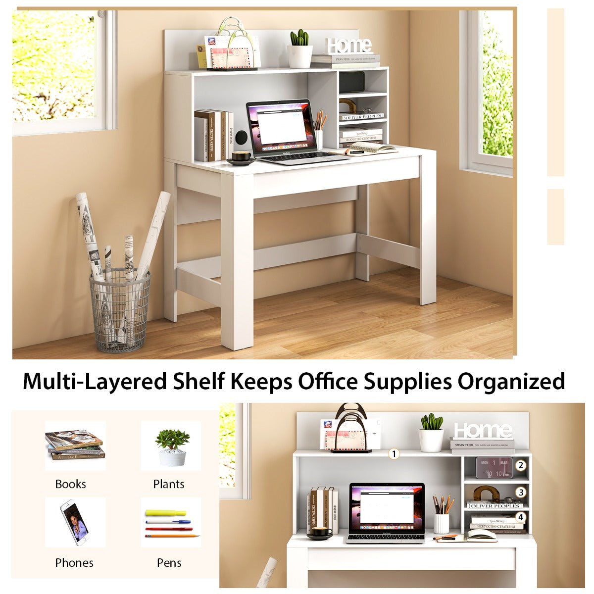 120cm Computer Desk with Bookshelf and Cable Management Hole-White
