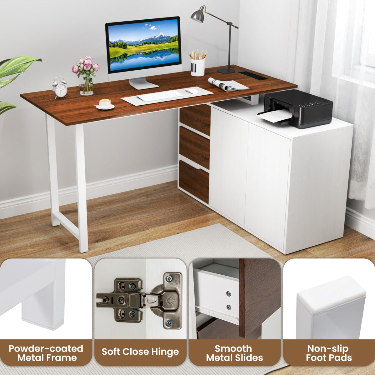 L-Shaped Computer Desk with File Cabinet and Power Outlet-Brown