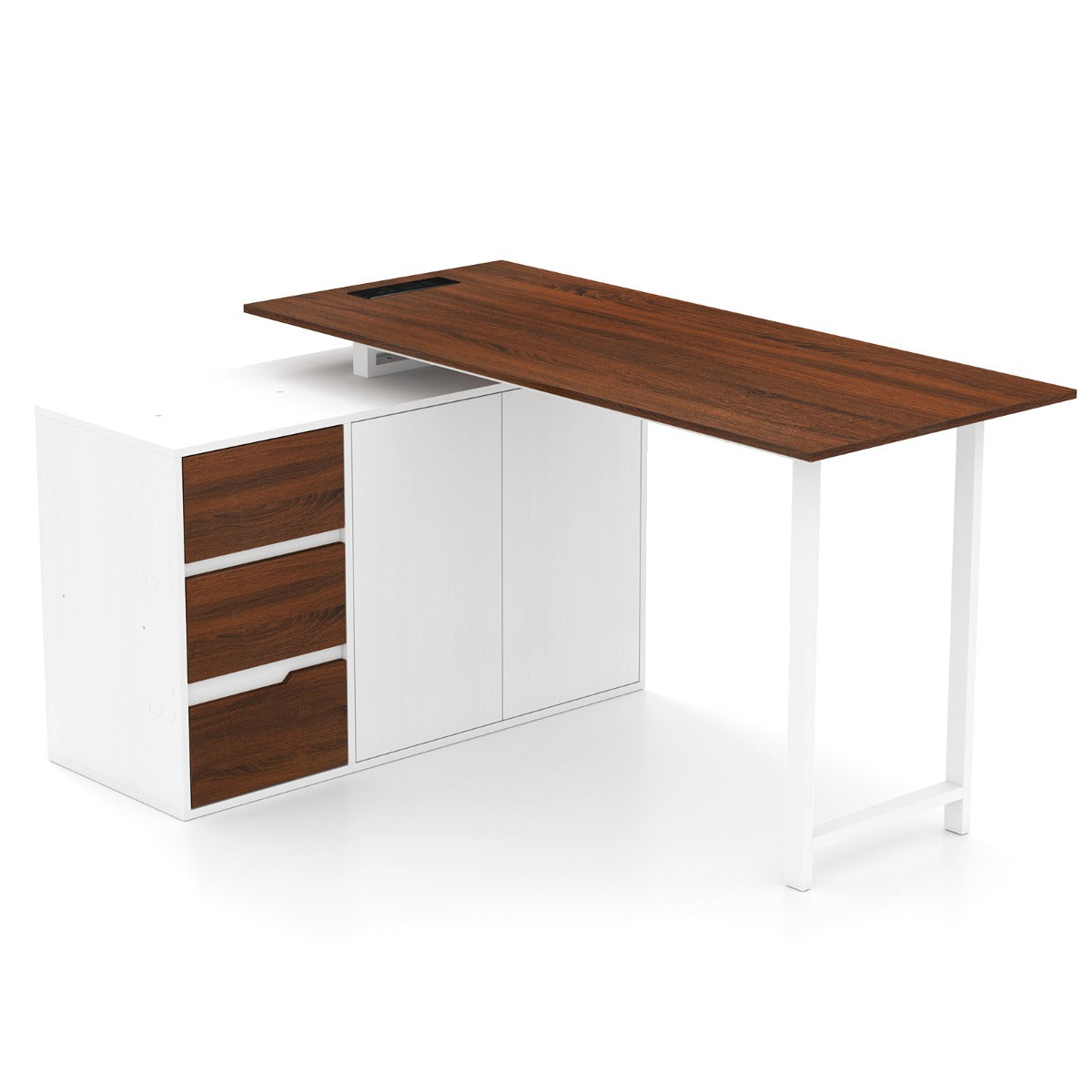 L-Shaped Computer Desk with File Cabinet and Power Outlet-Brown