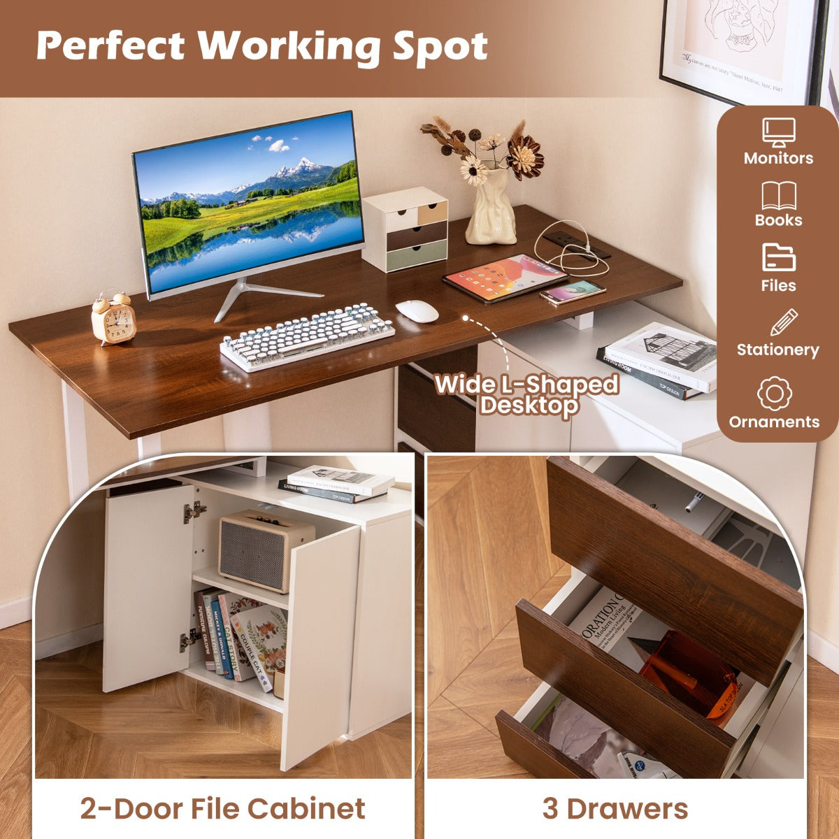 L-Shaped Computer Desk with File Cabinet and Power Outlet-Brown