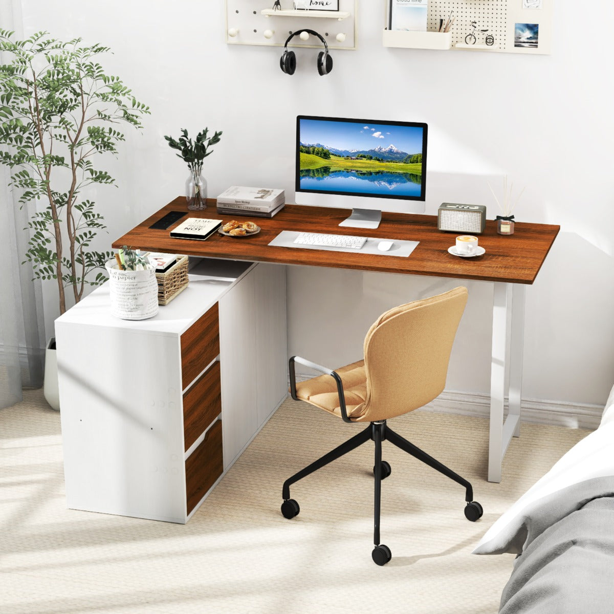 L-Shaped Computer Desk with File Cabinet and Power Outlet-Brown