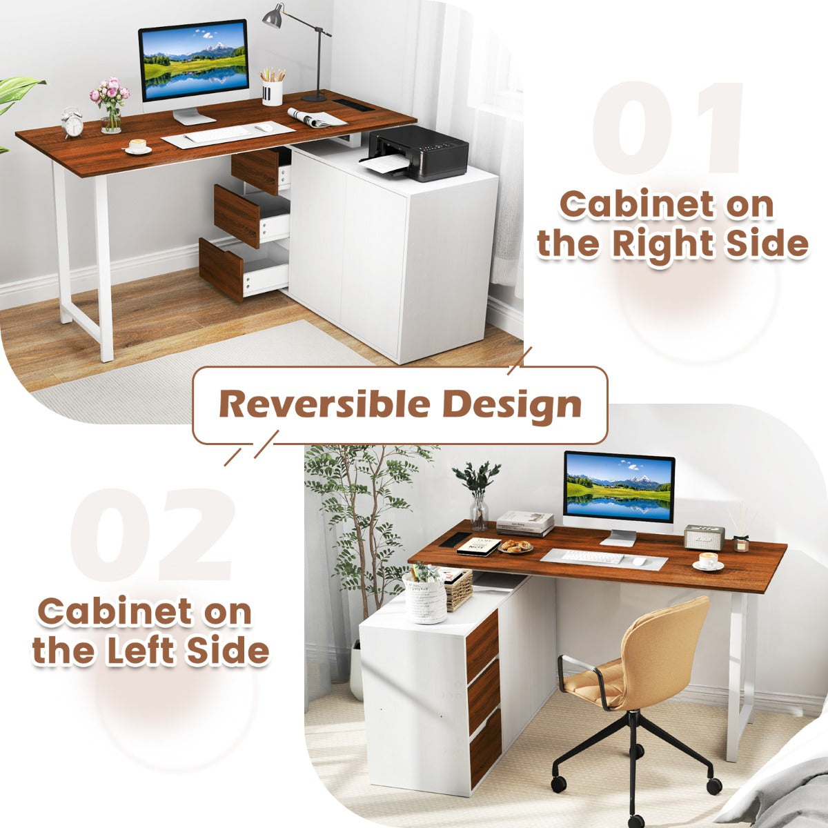 L-Shaped Computer Desk with File Cabinet and Power Outlet-Brown