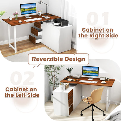 L-Shaped Computer Desk with File Cabinet and Power Outlet-Brown