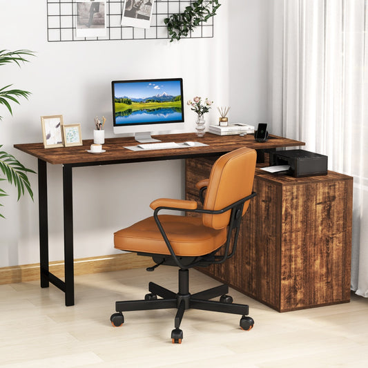 L-Shaped Computer Desk with File Cabinet and Power Outlet-Rustic Brown