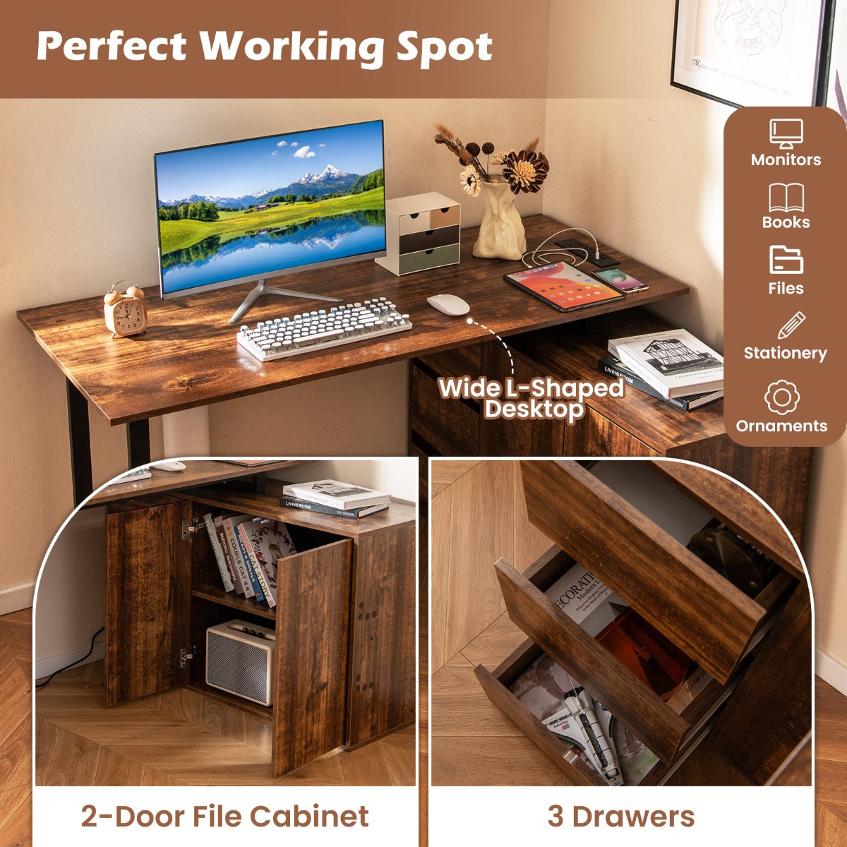 L-Shaped Computer Desk with File Cabinet and Power Outlet-Rustic Brown