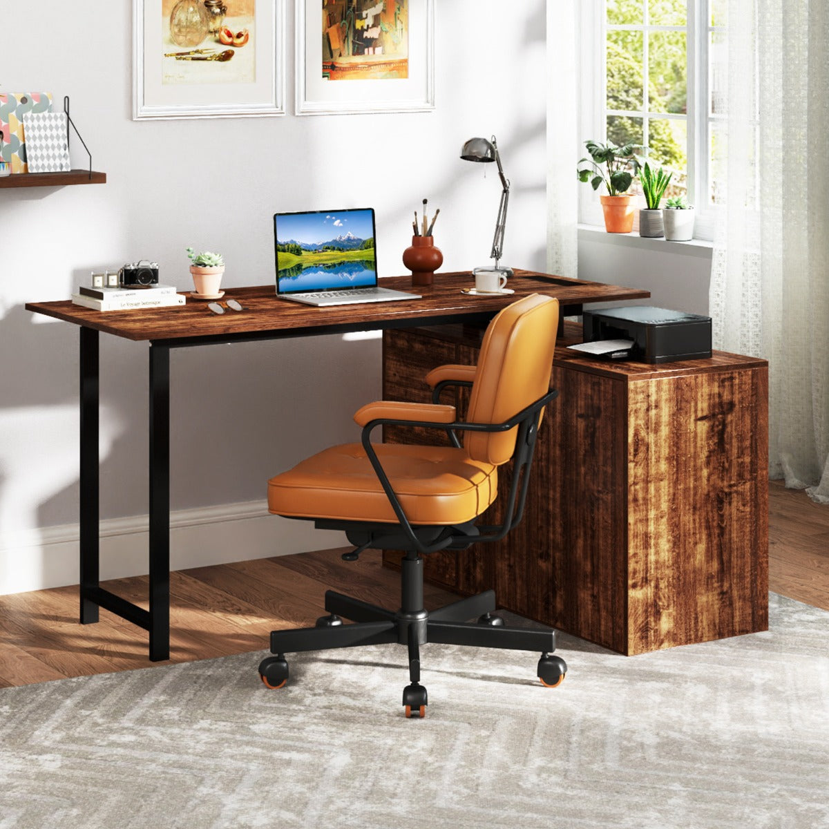 L-Shaped Computer Desk with File Cabinet and Power Outlet-Rustic Brown